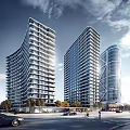 Modern Curved And Linear High Rise Buildings With Urban Road Cars And Pedestrians