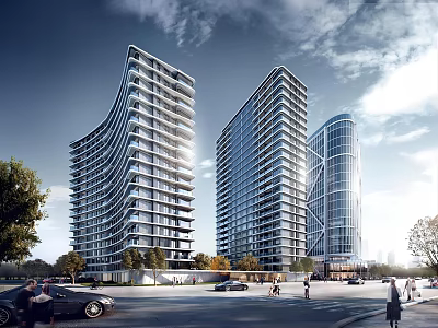Modern Curved And Linear High Rise Buildings With Urban Road Cars And Pedestrians 3d model
