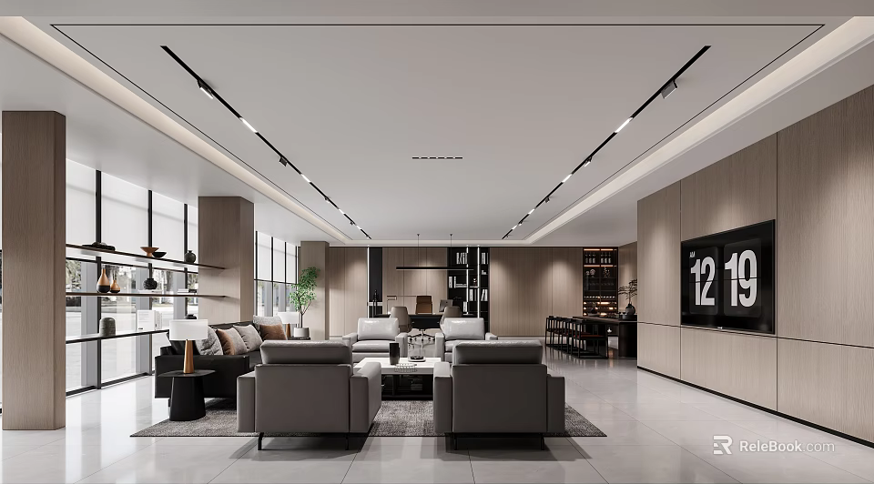 Modern Office Interior Design With Open Layout Sofas Coffee Table Bookshelves TV And Lighting 3d model