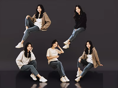 Group of Women in Casual Outfits With Various Sitting Poses on Dark Background 3d model
