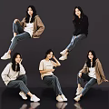 Group of Women in Casual Outfits With Various Sitting Poses on Dark Background