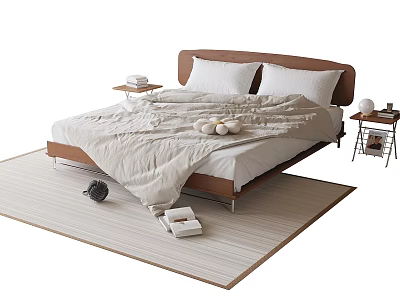 Kids Bed With Wooden Frame Soft Mattress White Pillows And Small Nightstand On Striped Rug 3d model