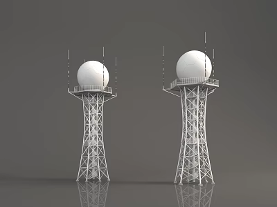 White Spherical Radar Towers With Metal Frame And Antennas On Top 3d model