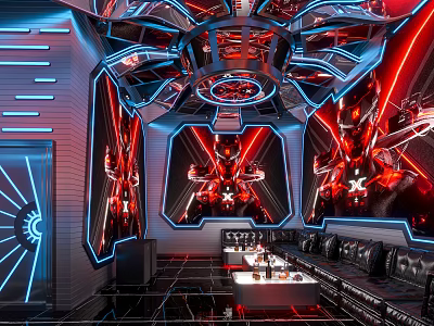 Modern KTV Lounge Interior With Vibrant Neon Lights Comfortable Seats And Large Screens 3d model