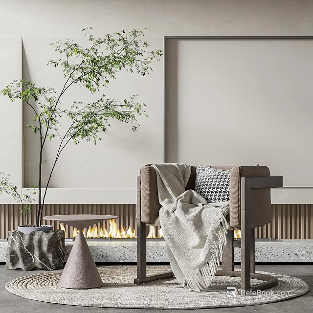 Beige Single Seat Sofa With Draped Blanket Small Side Table Plant And Fireplace In Background 3d model 