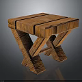 Handcrafted Rustic Wooden Stool Featuring Square Top And Crossed Legs With Natural Wood Grain
