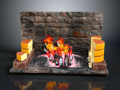 Rustic Stone Wall Fireplace With Bright Burning Flames And Stacked Cheese Blocks 3d model