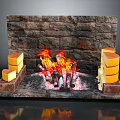 Rustic Stone Wall Fireplace With Bright Burning Flames And Stacked Cheese Blocks 3d model