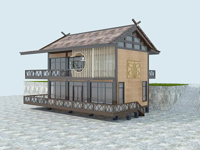 Traditional Tourist Center With Wooden Structure Tile Roof Glass Windows And Balcony Railings 3d model