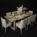 Elegant Wooden Dining Table Set With Upholstered Chairs Candles Floral Centerpiece Wine Glasses And Tableware
