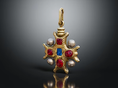 Gold Star Shaped Pendant With Red Blue Gemstones And Pearls 3d model