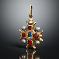 Gold Star Shaped Pendant With Red Blue Gemstones And Pearls