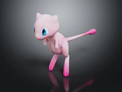 Cute Pink Pokémon Mew Character with Big Blue Eyes and Long Tail in 3D Render 3d model