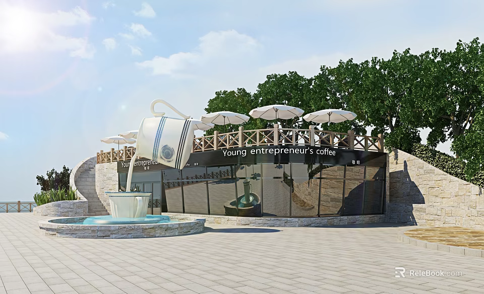 Young Entrepreneurs Cafe Modern Building With Coffee Cup Sculpture Fountain White Umbrellas And Trees 3d model 