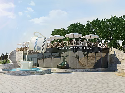 Young Entrepreneurs Cafe Modern Building With Coffee Cup Sculpture Fountain White Umbrellas And Trees 3d model