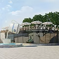 Young Entrepreneurs Cafe Modern Building With Coffee Cup Sculpture Fountain White Umbrellas And Trees