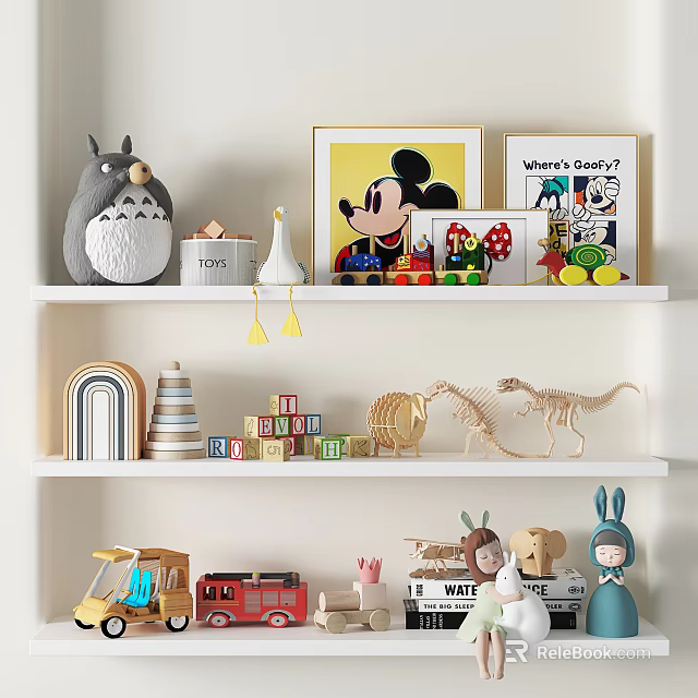 Colorful Stuffed Dolls Including Totoro Mickey Mouse on White Shelf with Dinosaur Skeleton and Blocks 3d model 