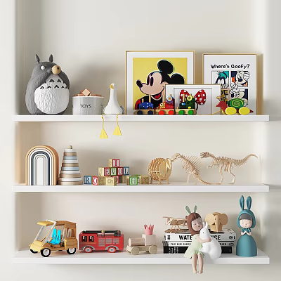 Colorful Stuffed Dolls Including Totoro Mickey Mouse on White Shelf with Dinosaur Skeleton and Blocks 3d model