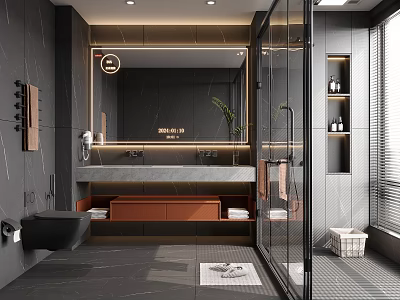 Modern Grey Bathroom Interior With Large Mirror Double Vanity Wooden Cabinet And Glass Shower 3d model