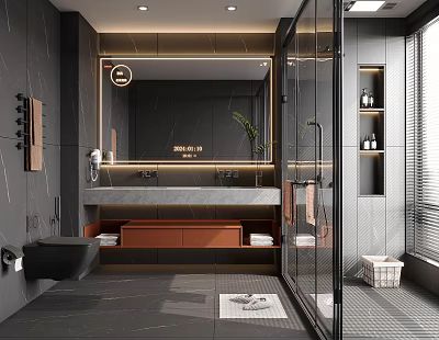 Modern Grey Bathroom Interior With Large Mirror Double Vanity Wooden Cabinet And Glass Shower 3d model