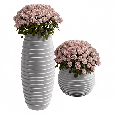 Elegant Pink Rose Potted Plants With Lush Green Leaves In White Striped Ceramic Vases 3d model