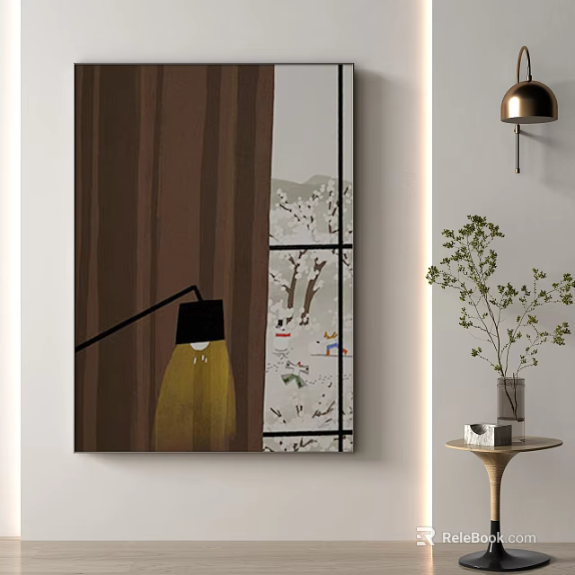 Modern Interior Wall Art With Tree Pattern Floor Lamp And Potted Plant 3d model