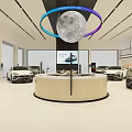 Spacious Car Showroom Interior Featuring FORTHING Reception Desk And Circular Moon Light Decor 3d model