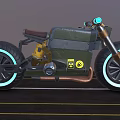 Futuristic Cyberpunk Motorcycle With Neon Wheels Blue Handlebars Yellow Stickers And Copper Exhaust