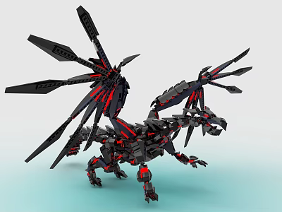 Black and Red Mechanical Dragon with Elaborate Wings Built Using Building Blocks 3d model