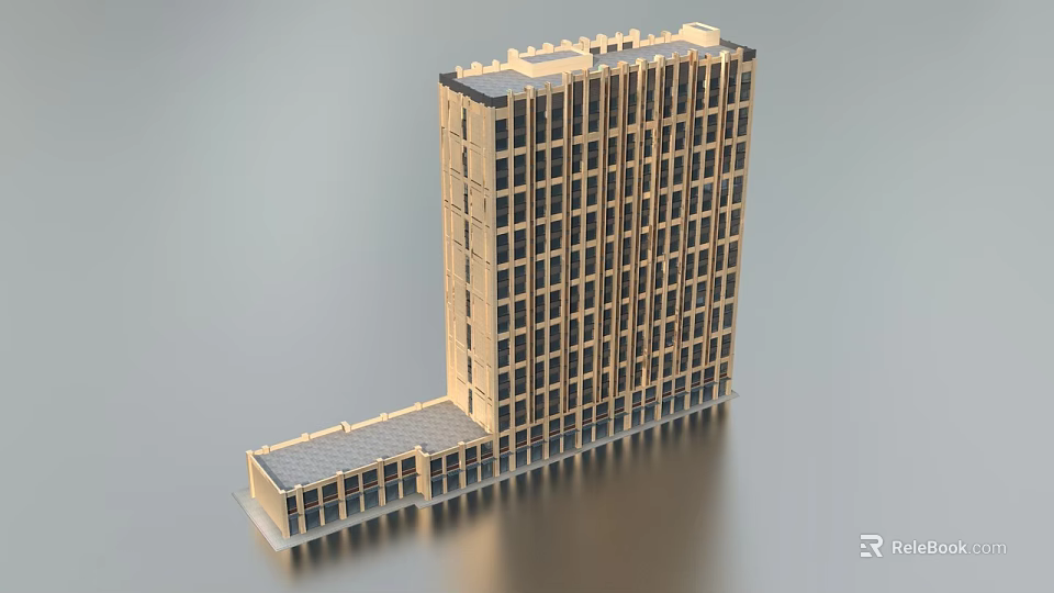 Modern High Rise Office Building With Multiple Windows And Extended Base Structure 3d model
