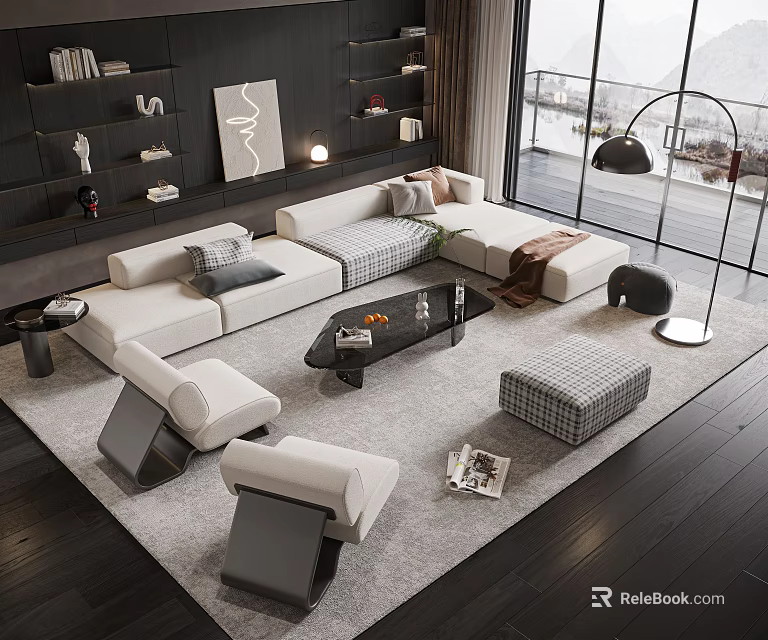 Modern Living Room With L Shaped Sofa Coffee Table Set Area Rug And Pillows 3d model 
