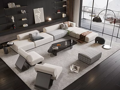 Modern Living Room With L Shaped Sofa Coffee Table Set Area Rug And Pillows 3d model