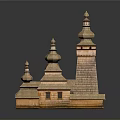 Scenic Traditional Wooden Architecture With Three Spires And Reflection On Dark Background