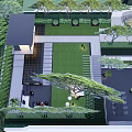 Modern Garden Landscape Design With Green Lawn Trees Water Feature And Paved Areas