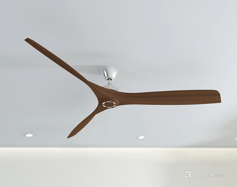 Walnut Wooden Ceiling Light With Three Blades On White Ceiling And Recessed Lights 3d model 
