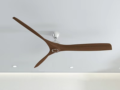 Walnut Wooden Ceiling Light With Three Blades On White Ceiling And Recessed Lights 3d model