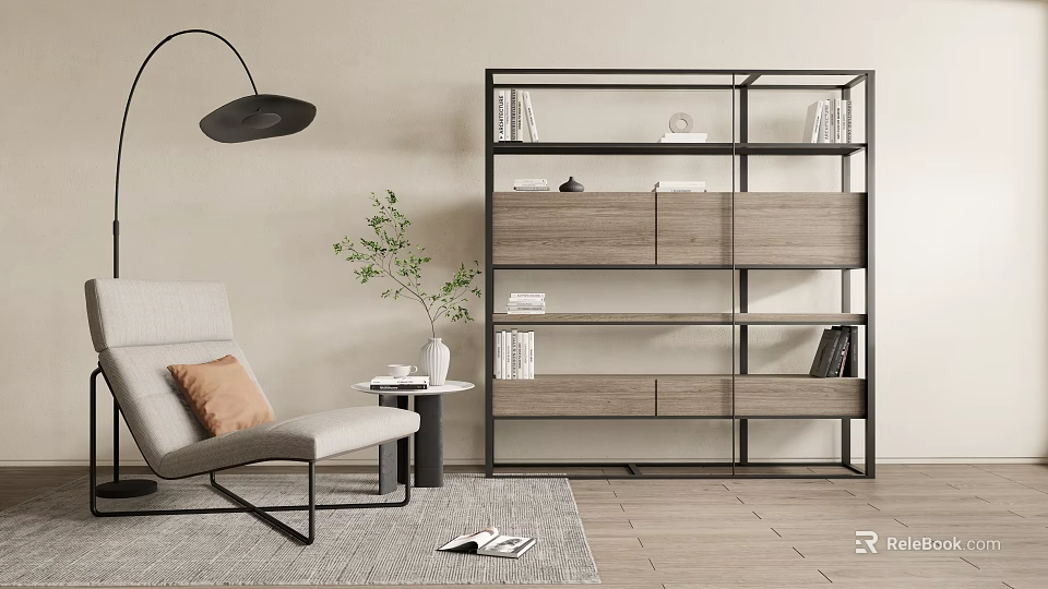 Modern Bookcase Design With Wood Metal Open Shelves Storage Floor Lamp And Cozy Chair 3d model 