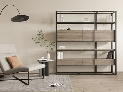 Modern Bookcase Design With Wood Metal Open Shelves Storage Floor Lamp And Cozy Chair 3d model