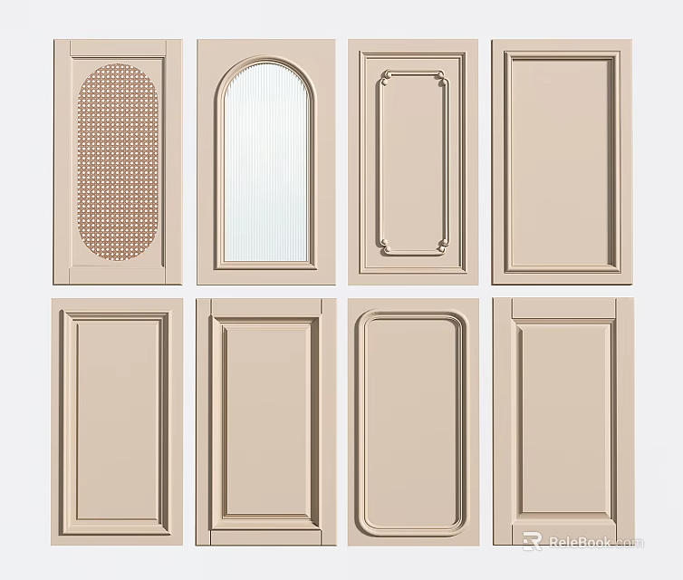 Various Style Wardrobe Doors In Beige With Grid Pattern Arched Glass And Carved Details 3d model 