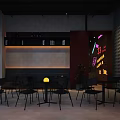 Modern Coffee Bar Interior With Bar Counter Tables Chairs And Wine Bottle Pattern Wall
