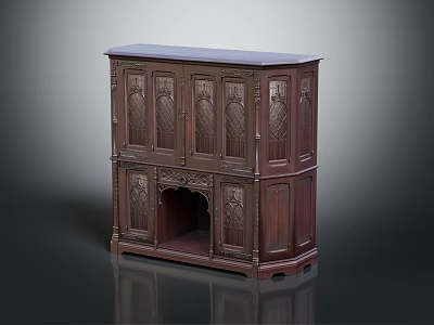 Dark Brown Wooden Cabinet With Intricate Carved Details And Open Lower Shelf 3d model