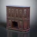 Dark Brown Wooden Cabinet With Intricate Carved Details And Open Lower Shelf