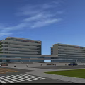 Modern Office Building With Glass Facade White Green Design Plaza Lawn And Parking Area