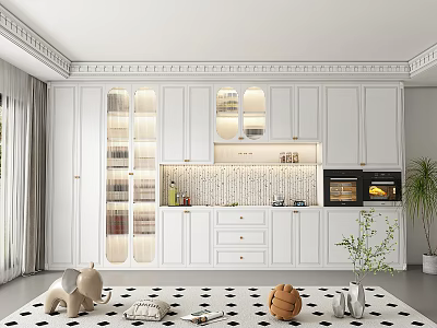 Modern White Kitchen Interior with Glass Door Cabinets Open Design and Green Plants 3d model