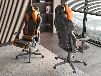 Ergonomic Black And Orange Gaming Chairs In Modern Room With Window And Bookshelf 3d model