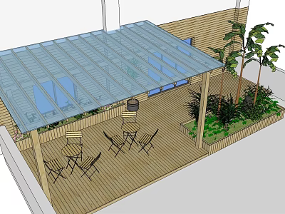 Outdoor Water Fountain Design With Wooden Deck Glass Canopy And Green Plants 3d model