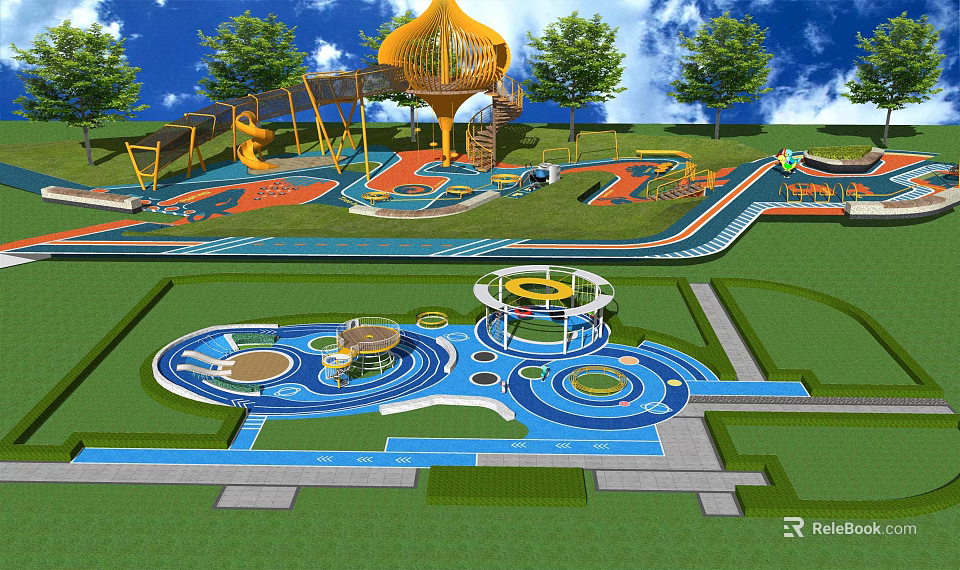 Colorful Kids Playground With Play Structures Slides Climbing Frames Circular Paths And Green Lawn 3d model 
