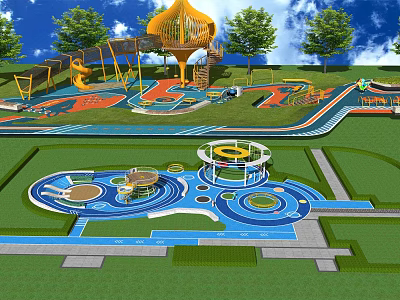 Colorful Kids Playground With Play Structures Slides Climbing Frames Circular Paths And Green Lawn 3d model