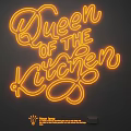 Yellow Neon Light Fixture With Queen of the Kitchen Lettering on Dark Wall