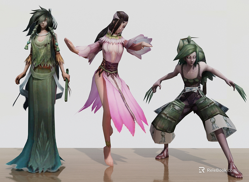 Game and Movie Characters in Green and Pink Outfits with Dynamic Poses 3d model 